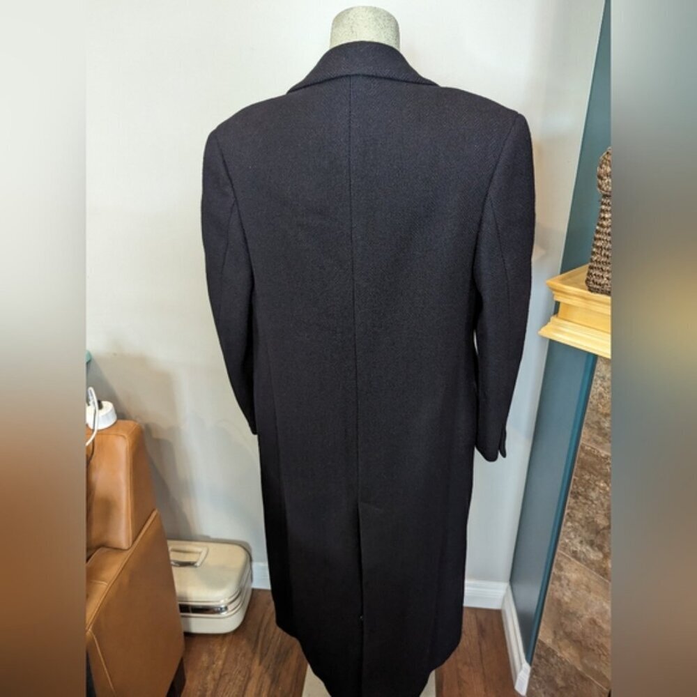 Harry Rosen Crombie Scotland pure virgin wool trench coat black/blue weave Sz M - Picture 9 of 16